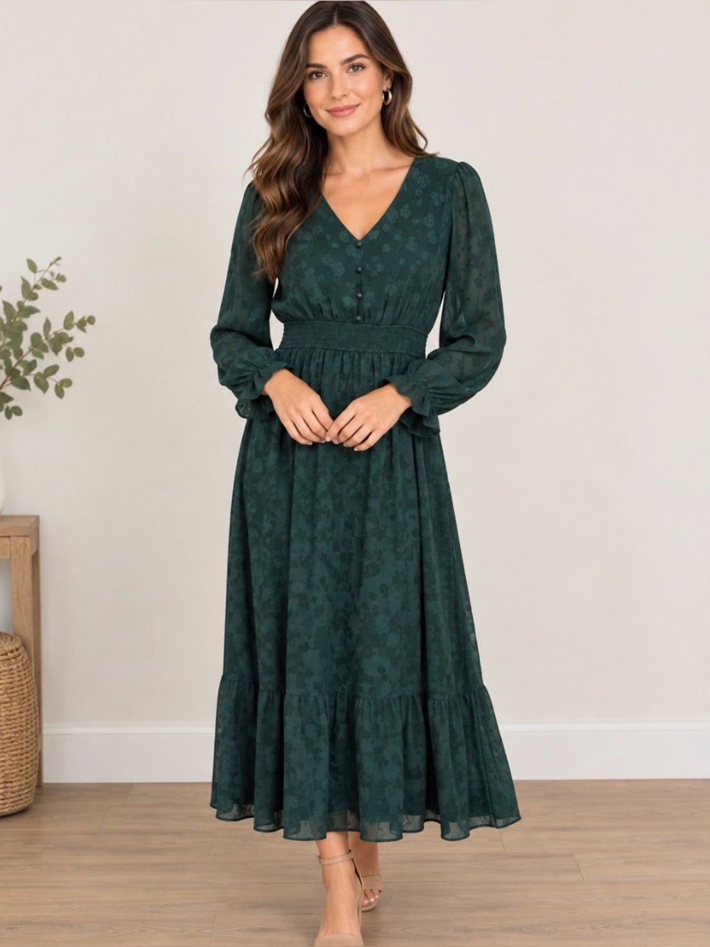 Simple Forest Green Floral Maxi Dress with V-Neck